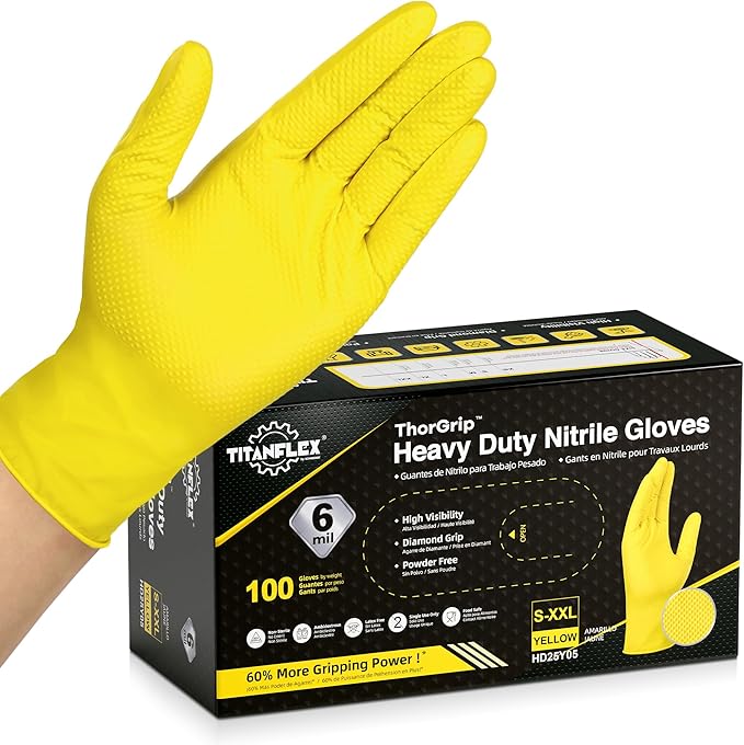 TitanFlex Heavy Duty Nitrile Gloves, 6 Mil Yellow Raised Diamond Texture, Mechanic Disposable Gloves, Latex Free