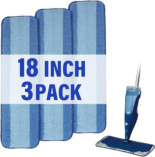18 inch Mop Pads Refills, 3 Pack Microfiber Reusable Replacement Mop Pads Flat Replacements Heads for Wet Or Dry Floor Cleaning and Scrubbing, Blue Cloth