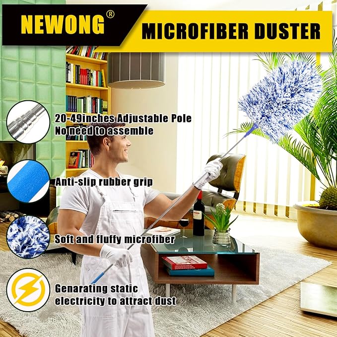 Extendable 20-49inches Microfiber Feather Duster with 3pcs Replaceable Bendable Heads, Extra Long Duster for Cleaning, Electrostatic Dust Remove for Ceiling, Fan, Window, Bookshelves (Navy Blue)