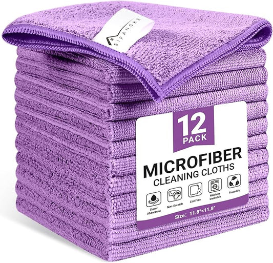 Microfiber Cleaning Cloth, 12 Pack Purple Cleaning Rags for Housekeeping, Reusable Microfiber Towels for Car, Kitchen, Bathroom and Household Cleaning Supplies, 11.8"X11.8"
