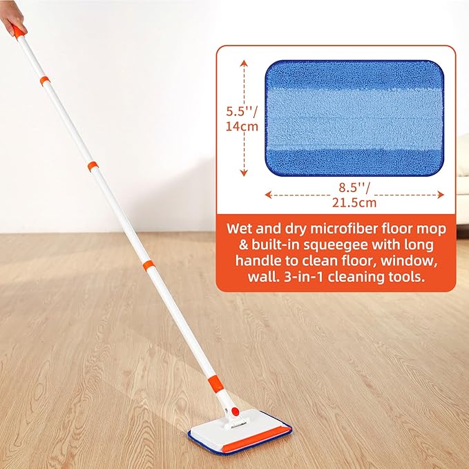 Baseboard Cleaner Tool with Handle, Extendable Long Handle Baseboard Cleaning Duster with Reusable Pads for Floorboard, Ceiling Fan Blade Cleaner Duster (Blue)