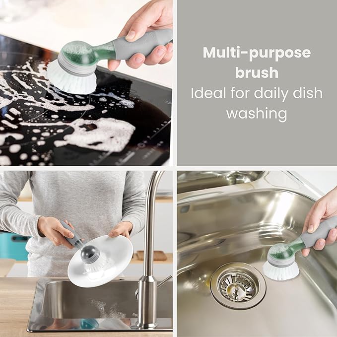 Vigar Rengo Soap Dispensing Dish Brush, Dish Brush with Soap Dispenser for Pot Scrubber, Dishes, Sink Cleaner, and Kitchen Essentials, Grey