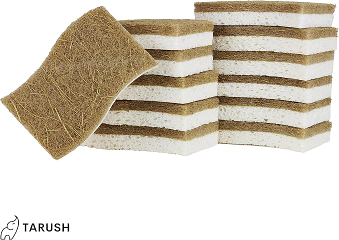 Tarush Natural Kitchen Sponges - Biodegradable Dish Scrubbers and Scouring Pads for Non-Scratch Scrubbing, Eponge Vaisselle and Eponge Melamine for Eco-Friendly Cleaning of Dishes, White/Brown