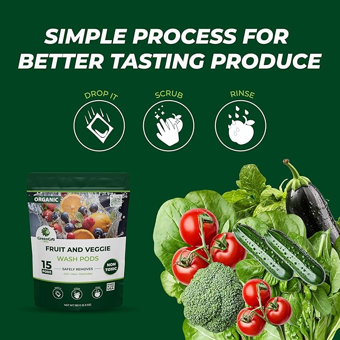 GreenGro Fruit and Vegetable Wash Pods (15 Pods) | Removes Harmful Residue | Keeps Produce Fresh Longer |