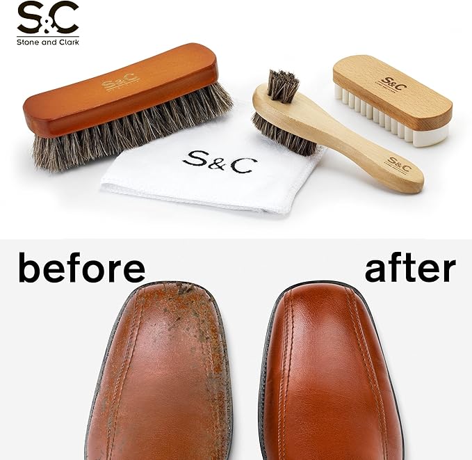 Variety Shoe Brush Kit - Double-Sided Shoe Polish Applicator & Horse Hair Brushes for Polishing - Nubuck & Suede Brush for Shoes, Soft Leather Cleaning with Microfiber Cloth