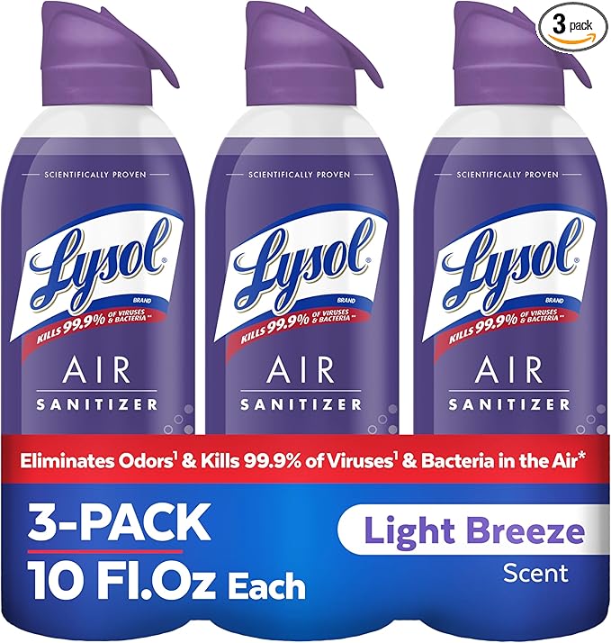 Lysol Air Sanitizer Spray with Odor Eliminator for Home & Office, Sanitizing Spray, Air Freshener Alternative, Light Breeze Scent, 10 oz (Pack of 3)