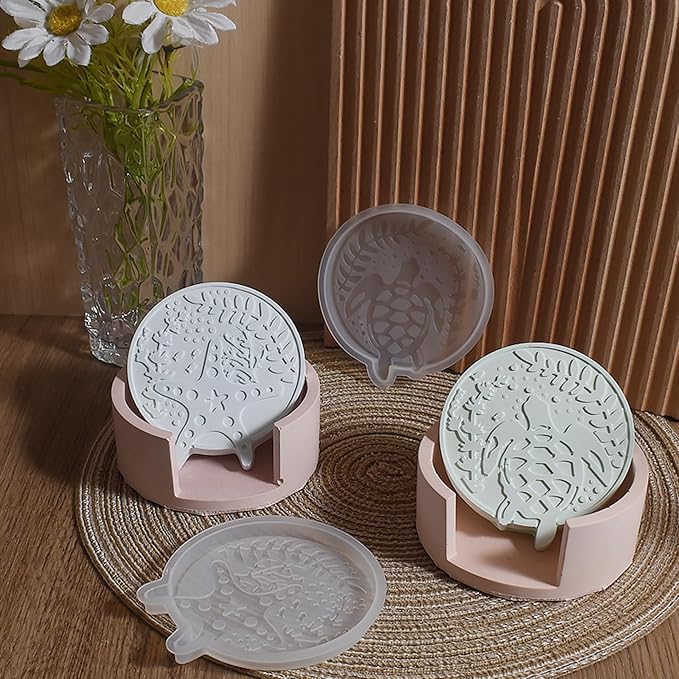 5 Pack Ocean Style Coaster Mold Set - 1 Holder + 4 Resin Casting Molds for Candle Making, Home Decor, 3D Animal Designs