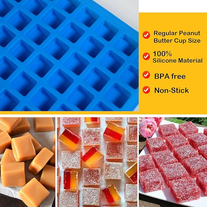 Sidosir Square Hard Candy Mold Silicone, 126-Cavity Mini Gummy Caramel Silicone Molds for Fat Bombs, Chocolate Truffles Mold for Hard Candy, Ice Cube 3Pcs