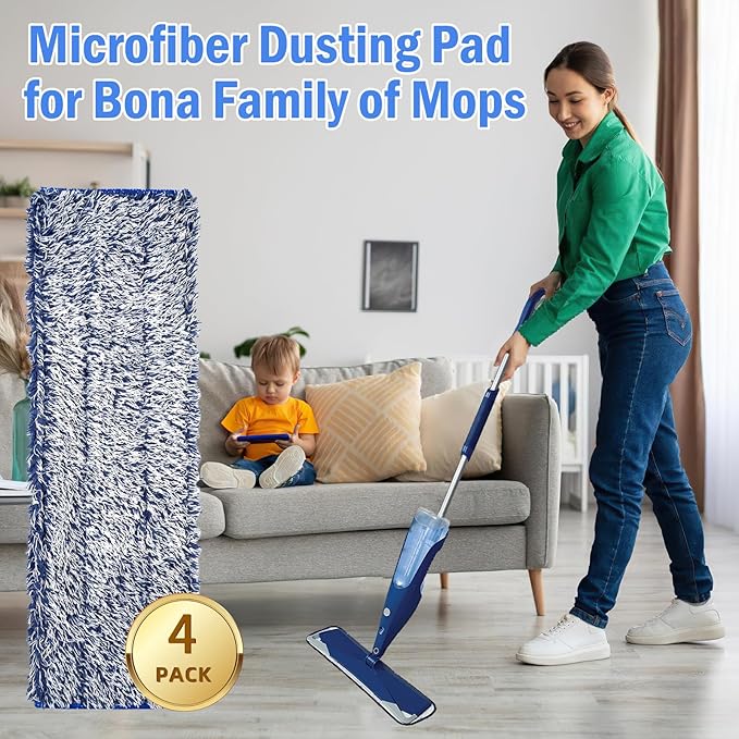 4 Pack Microfiber Dusting Pad for Bona Mops, Reusable Dust Pads for Multi-Surface Floors - Attracts and Removes Dust, Pet Hair and Dirt, Mop Pads Refill for Hard Surface Floors