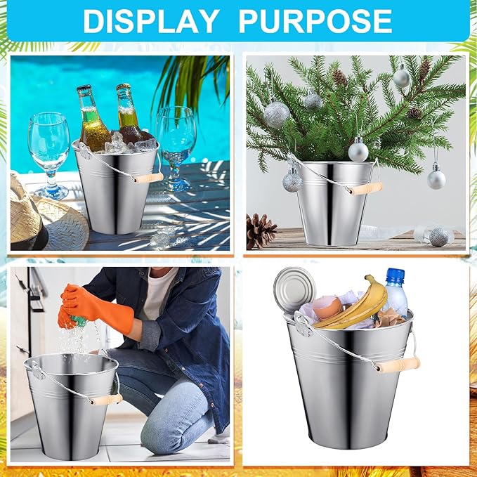 Zopeal 6 Pcs Large Metal Bucket Beer Bucket Galvanized Steel Pail with Handle for Gifts Basket Ice Candy Party(7.4 x 7.2 x 4.6 Inch,Silver)
