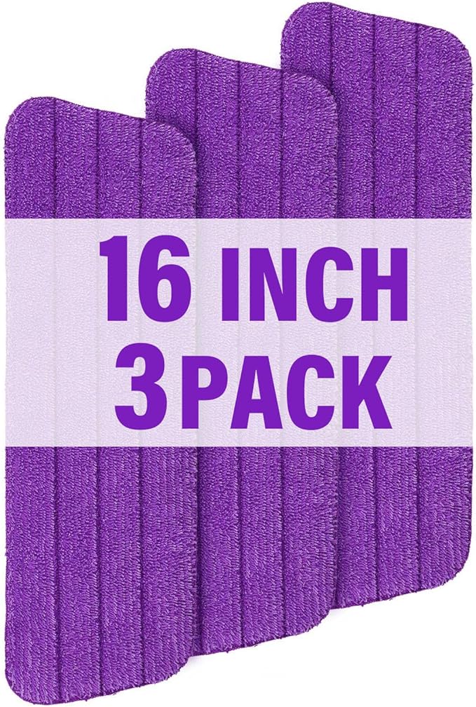 16.5 inch Mop Pads Refills, 3 Pack Microfiber Reusable Replacement Mop Pads Flat Replacements Heads for Wet Or Dry Floor Cleaning and Scrubbing, Purple Cloth