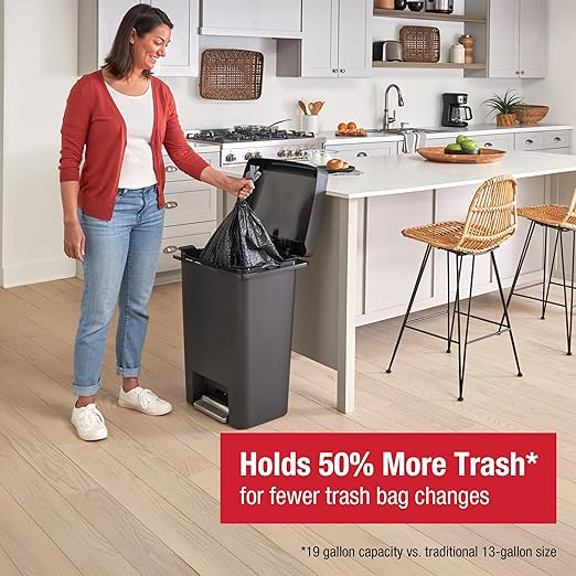 Rubbermaid High-Capacity Step-On Trash Can, 19 Gallon, Single or Dual Stream Trash or Recycling, Charcoal, Stainless-Steel Pedal, for Home/Kitchen/Garage/Apartment