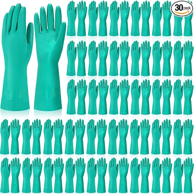 30 Pairs Chemical Resistant Gloves Heavy Duty Thick Nitrile Gloves Bulk for Cleaning, Resist Household Acid, Alkali and Oil (X-Large)