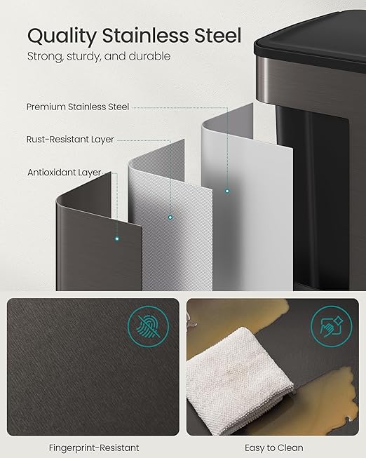 SONGMICS Trash Can, 2 x 8 Gallon (2 x 30 L) Dual-Compartment Garbage Can with Soft-Close Lid, Pedal and Inner Buckets, Stainless Steel, Includes 15 Liner Bags, Slate Gray ULTB741G01