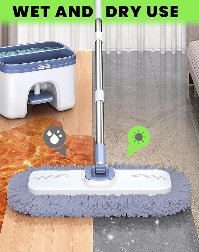 Flat Microfiber Mop and Bucket Set with Wringer, 360° Spin Mop for Floor & Wall Cleaning, 17.7x9in Wide Head, 2 Washable Pads, Hands-Free