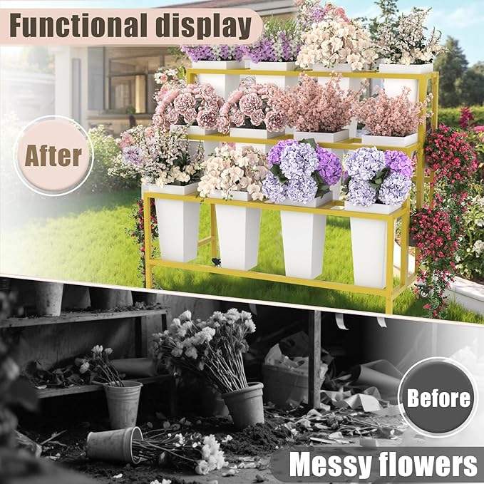 Flower Cart Display Stand with Buckets & Wheels – 3-Tier Mobile Flower Bar Cart for Shops, Weddings, Garden, and Home – Includes 12 Buckets & 4 Hooks (Gold)