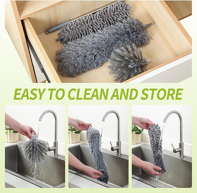 Cobweb Duster with Extension Pole, 100'' Microfiber & Chenille Ceiling Cleaner Kit, Reusable Feather Duster, Bendable, Washable