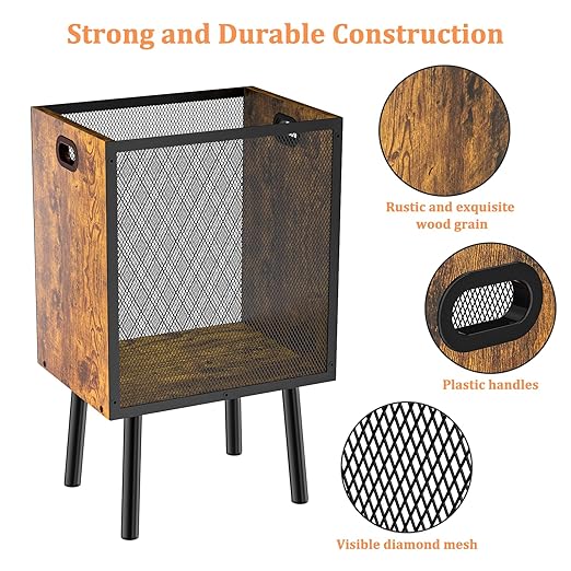 4.5 Gallon Office Trash Can for Near Desk, Wood Bedroom Trashcan Rectangular Wastebasket with Mesh - Handles - Leg, Small Garbage Can Trash Bin for Office Bedroom Living Room Bathroom Dorm