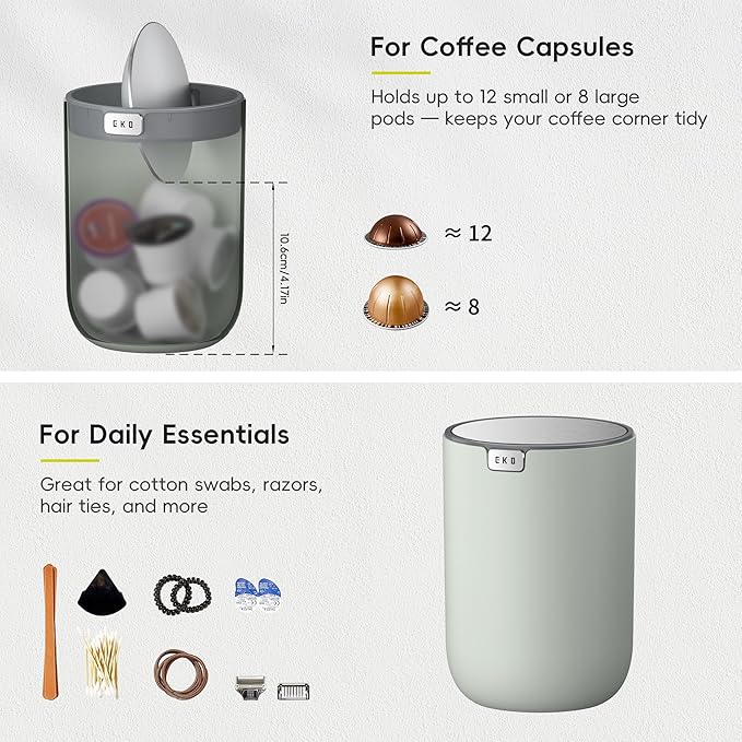 EKO Mini Desk Trash Can with Swing-Top Lid 0.4 Gallon Small Table Round Wastebasket for Office, Home, Car (Sage)