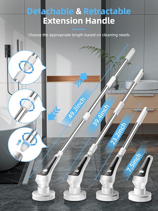 Electric Spin Scrubber,Cordless Shower Scrubber with Power Display Screen,IP68 Waterproof Bath Cleaning Brush,Adjustable Extension Handle & 2 Speeds,Electric Cleaning Brush for Bathroom,Kitchen,Tub