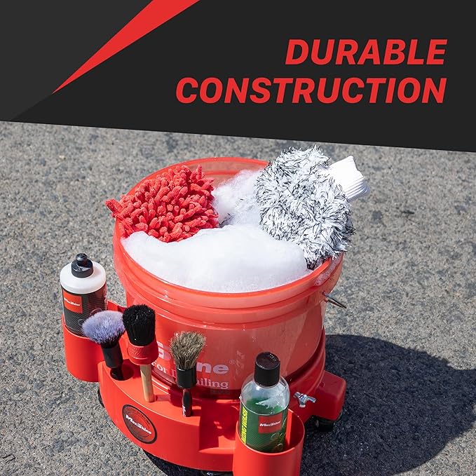 Maxshine 5 Gallon Universal Rolling Bucket Dolly (Red) | Heavy-Duty Detailing Bucket Cart with 5 Wheels & 2 Locking Casters | Mobile Organizer for Compounds, Brushes & Car Wash Supplies