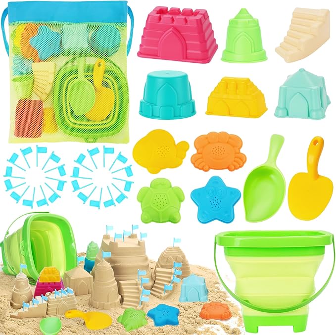 Collapsible Beach Toys for Kids, Foldable Sand Bucket and Shovels Set with Mesh Bag, Sand Castle Building Kit, Sandbox Toys, Travel Sand Toys Beach Essentials for Toddlers Age 3-10