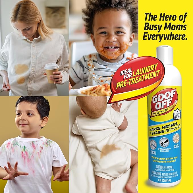 Goof Off Marks, Messes & Stains Remover, 8 fl. oz. Spray, Household Surface Safe, Removes Spots and Stains from Plastics, Fabric, and Clothing, Ideal for Households with Kids