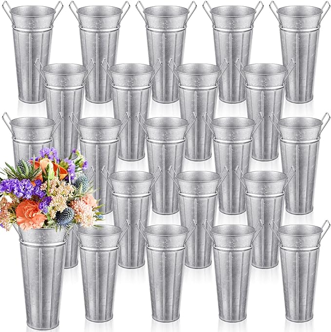 Lallisa 24 Pcs Metal Vases 9 Inch Galvanized French Farmhouse Flower Buckets with Handles and Hemp Rope, Vintage Style Flower Containers for Country Wedding Party Table Centerpiece Decor(Silver)