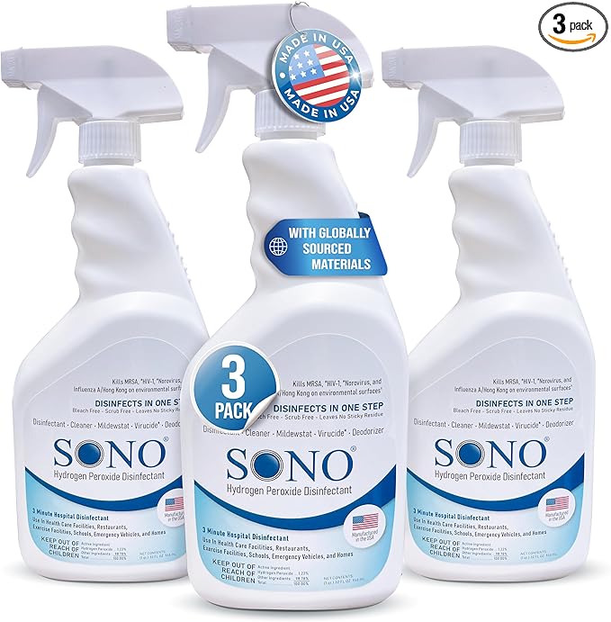 SONO Disinfecting Spray and Stain Remover - Hydrogen Peroxide Solution | Multi-Surface Cleaner for Kitchen and Bathroom | Spring Season Travel Essential | 3 Pack of 32 fl oz Bottle