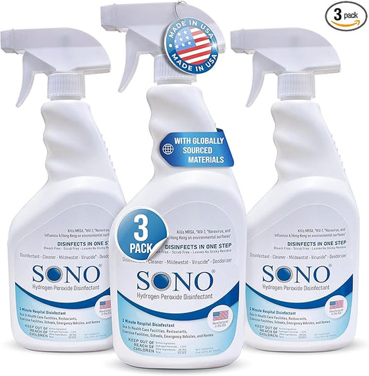 SONO Disinfecting Spray and Stain Remover - Hydrogen Peroxide Solution | Multi-Surface Cleaner for Kitchen and Bathroom | Spring Season Travel Essential | 3 Pack of 32 fl oz Bottle