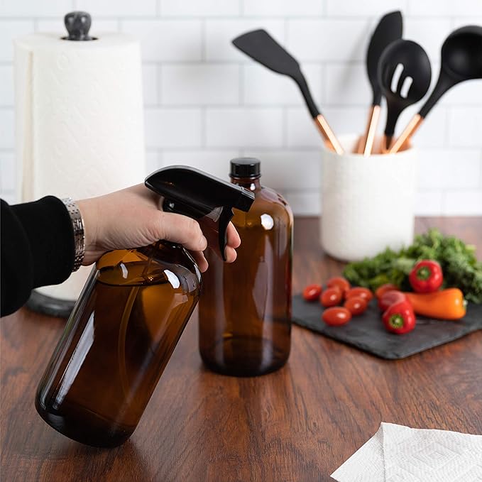kitchentoolz Large 32oz Amber Glass Gardening Spray Bottles with Funnel - Refillable Trigger Sprayer Container for Plant Misting, Hair Salon, Indoor and Outdoor