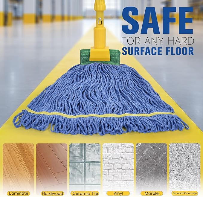 Matthew Cleaning Commercial Mop Head Replacement, 5 Inch Wide Headband, Looped End Cotton Blend String Wet Mops for Floor Cleaning, 28 oz Extra Large, 6-Pack Blue