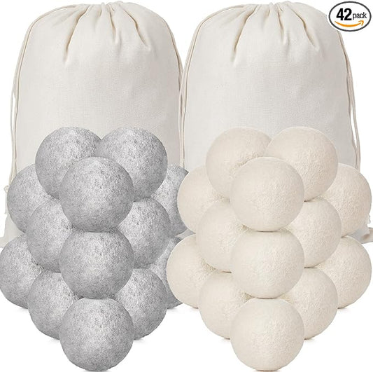 42 Pieces Wool Dryer Balls Set 40 Reusable Wool Balls with 2 Muslin Bags Laundry Balls Fabric Softener Ball Anti Wrinkle Anti Static Saving Energy and Time