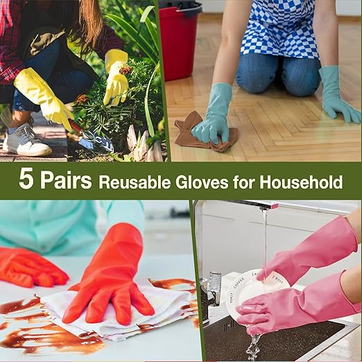 Rubber Cleaning Gloves 5 Pairs Kitchen Dishwashing Gloves Reusable for Household Washing Dishes Cleaning Gardening, Non-Slip Water Resistant Dish Gloves for Women Men Medium
