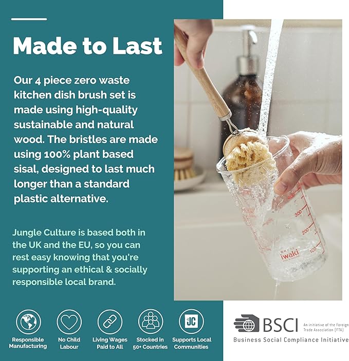 Jungle Culture 4 Piece Bamboo Dish Brush Set for Washing Up • Long Lasting Wooden Dish Brush with 3 Replacement Heads & Loofah Sponge Scourer • Eco Friendly Wooden Scrub Brush for Pots, Pans & Dishes