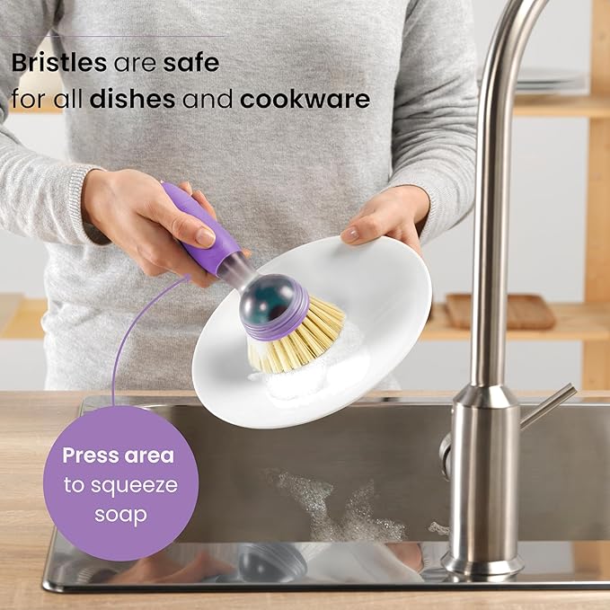 Vigar Rengo Soap Dispensing Dish Brush, Dish Brush with Soap Dispenser for Pot Scrubber, Dishes, Sink Cleaner, and Kitchen Essentials, Purple