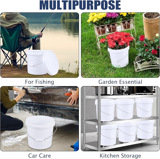 6 Pcs 4 Gallon White Bucket & Lid, Durable All Purpose Pail, Food Grade BPA Free Bucket Container with Handle