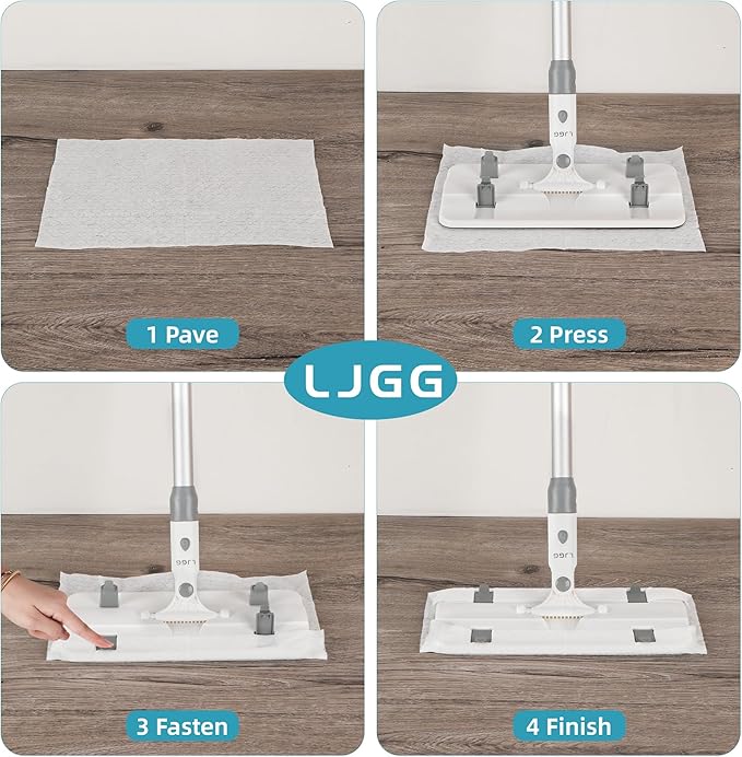 Disposable Pad Flat Mop for Floor Cleaning, 15.7 in (40 cm) Aluminum Base, 52 in Aluminum Handle, Includes 20 Dry Pads + 20 Wet Pads, Hands-Free Easy Clean – LJGG (Gray/White)
