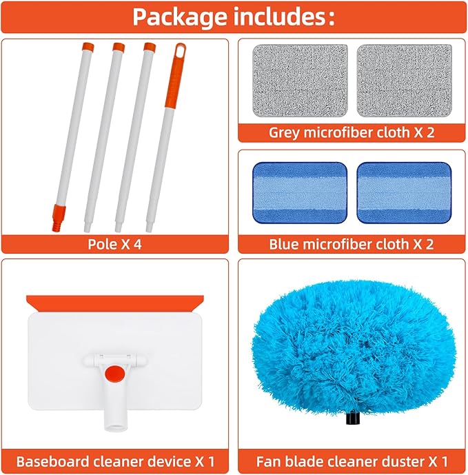 Baseboard Cleaner Tool with Handle, Extendable Long Handle Baseboard Cleaning Duster with Reusable Pads for Floorboard, Ceiling Fan Blade Cleaner Duster (Blue)