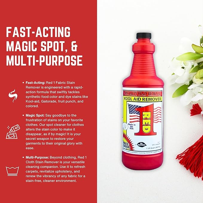 Pro's Choice Red 1 Food Dye Color Remover, Fabric Stain Remover for Kool Aid or Synthetic Food Colors/Dyes, Red Wine Stain Remover for Clothes Laundry, Carpet and Couch, Spot Removal Solution (32 oz)