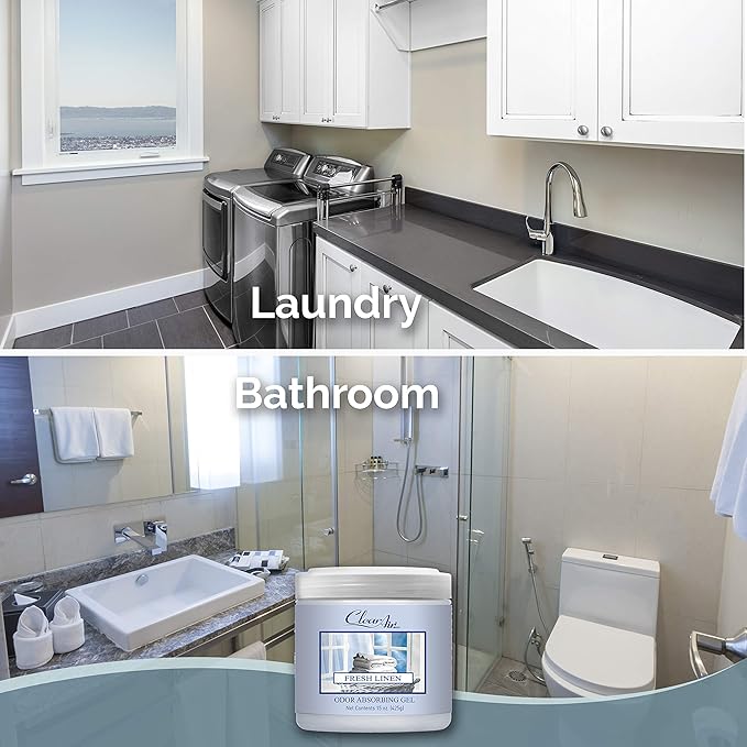 Clear Air Odor Absorber Gel - 15 oz, Pack of 2 - Air Freshener Absorbs and Eliminates Odors in Bathrooms, Cars, Boats, RVs and Pet Areas - Made with Essential Oils - Fresh Linen Scent