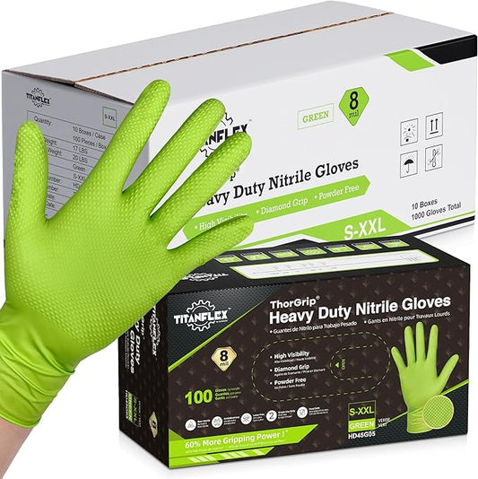 TitanFlex Heavy Duty Green Industrial Nitrile Gloves with Raised Diamond Texture, 8-mil, Latex Free, Powder Free