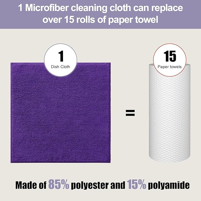 Kitinjoy 12 Pack Microfiber Cleaning Cloth(12 x 12 Inches, Purple), Ultra Soft and Absorbent Cleaning Rags, Reusable and Non-Linting dust Removal Cleaning Cloths for Car, House, Kitchen