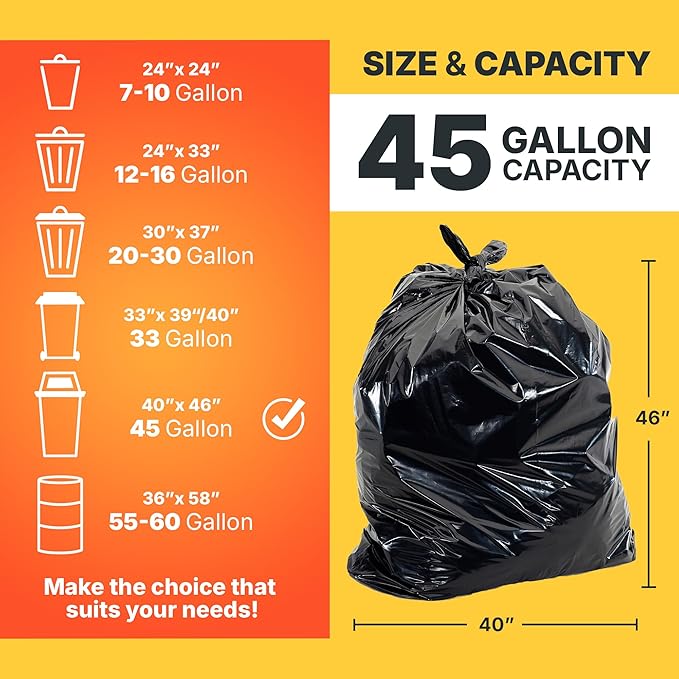 45 Gallon Trash Bags, 30 Micron Heavy Duty Pure LDPE Garbage Can Liners, 40" x 46" Large, Black, 100 Count