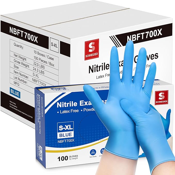 Schneider Nitrile Exam Gloves, Blue, 4 mil, Powder-Free, Latex-Free, for Medical Exam, Cleaning and Food Prep, Non-Sterile