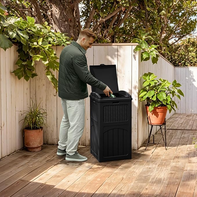 YESHOMY 33 Gallon Resin Outdoor Trash Can with Lid, Hideaway Waterproof Patio Garbage Bin, Black