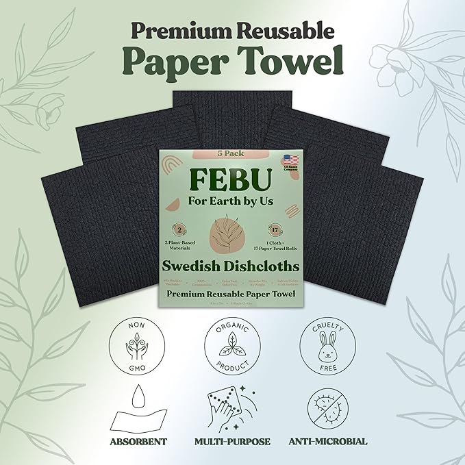 FEBU Swedish Dishcloths for Kitchen | 5 Pack Black Reusable Paper Towels Washable | Swedish Dish Towels | Non-Scratch Cellulose Sponge Cloths | No Odor, Biodegradable Cleaning Cloths