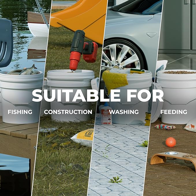 5-Gallon White Bucket Pail Container with Lid Food Grade Heavy-Duty Extra Durable Metal Handles with Plastic Grip for Easy Carrying Multi-Use Easy Stack and Store BPA Free