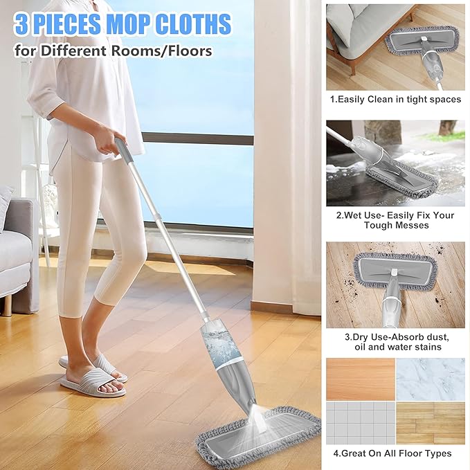 Microfiber Spray Mops for Floors Cleaning: EXEGO Dust Mop Wet Mop with 3 Washable Resuable Pads -440ML Refillable Bottle and 1 Scraper - Flat Floor Mop for Hardwood Laminate Ceramic Tiles Vinyl Woood