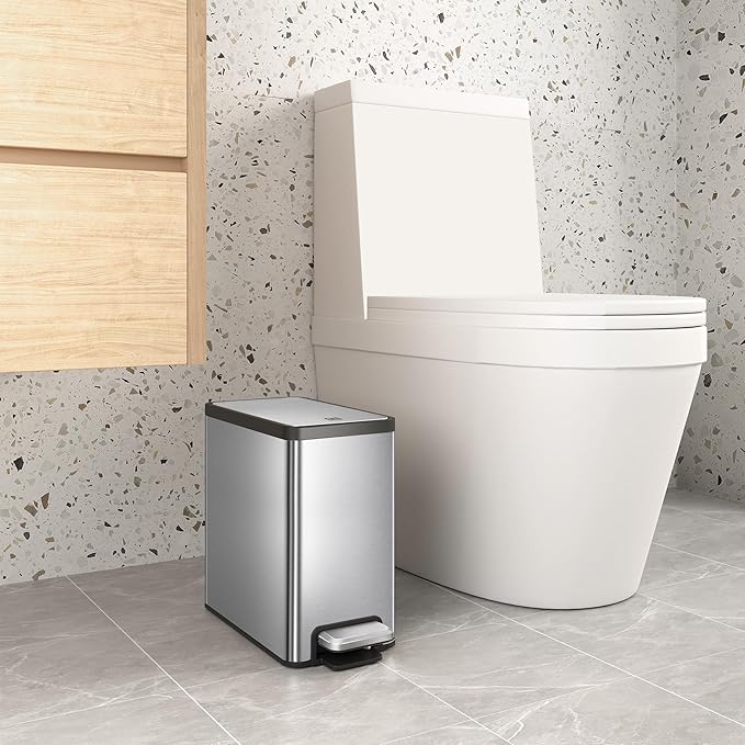 EKO Slim Small Bathroom Trash Can with Lid, Stainless Steel Small Garbage Can with Removable Inner Bucket, 6L / 1.6 Gal, Step On Trash Bin